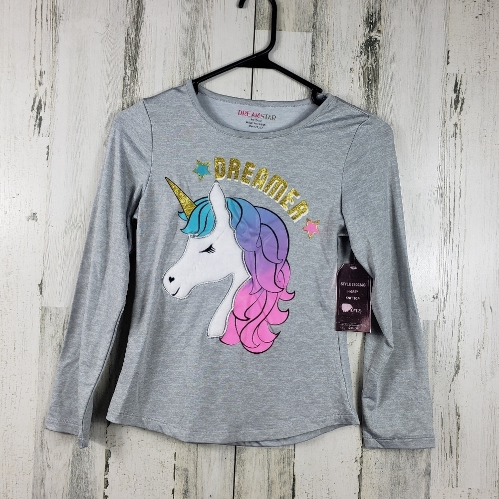 New dream star girls gray unicorn long sleeve shirt size medium 10-12